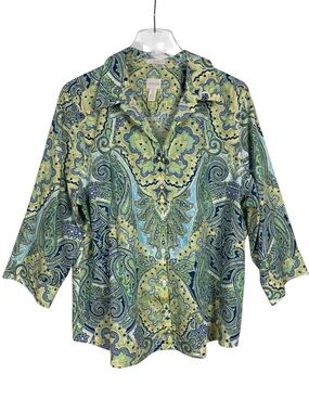 Chico's No Iron Button Up Top Blouse Green Blue Print 100% Cotton Size XL NWOT